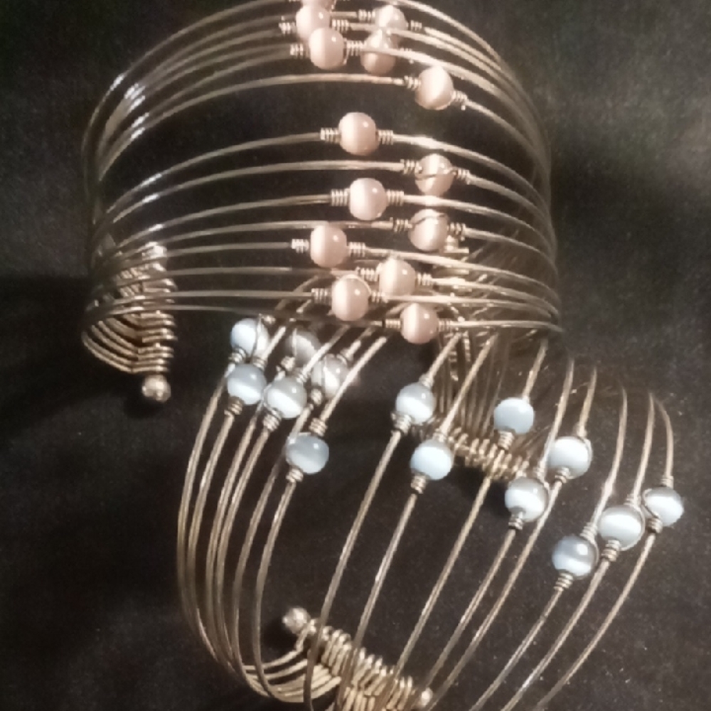 Elegant Silver and Pink Wire Bangle Bracelets